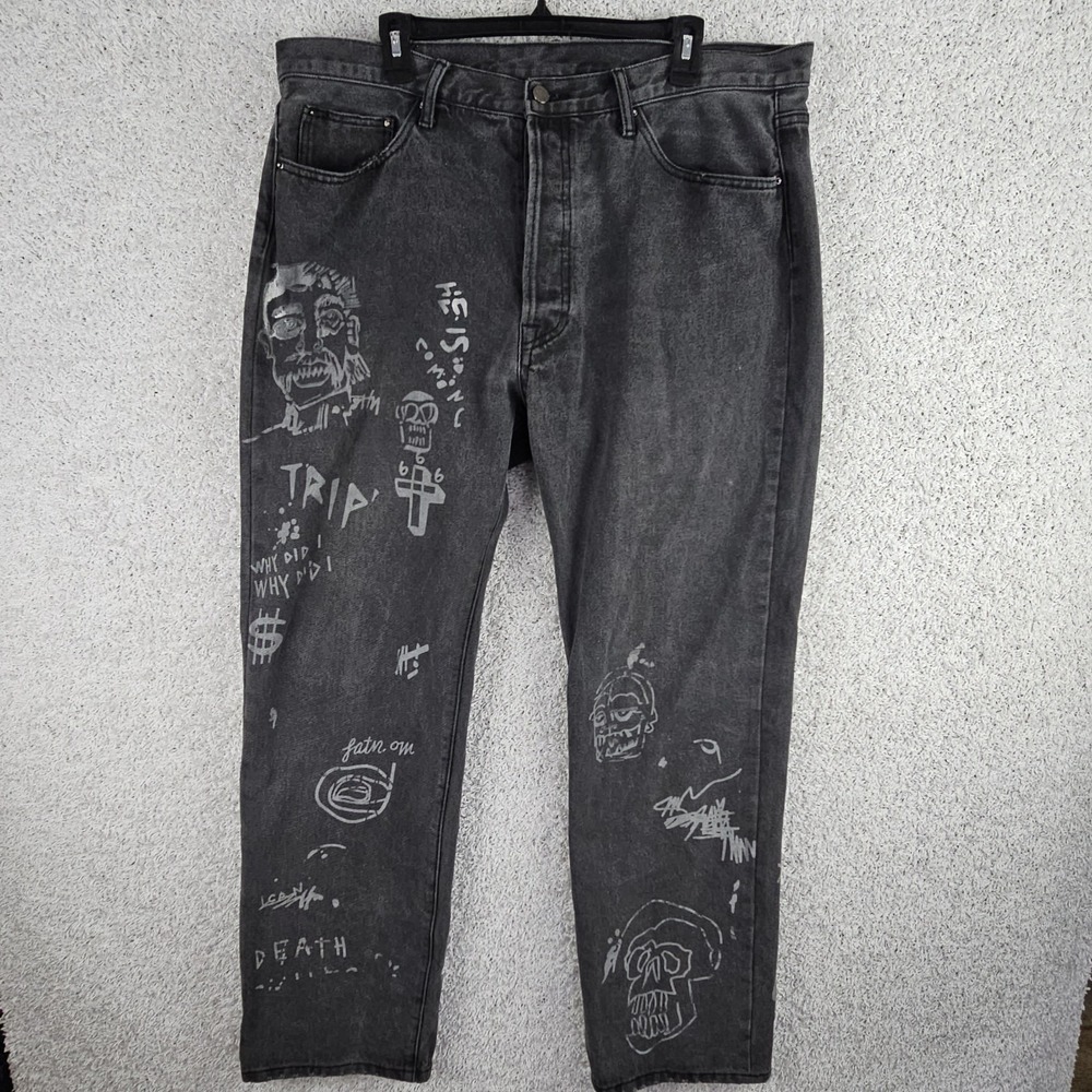 Mnml Custom Art Black Jeans Men's Size 38x32 Grunge Skull Cross 666 Death Goth